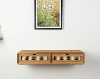 Floating Console Table with two Rattan Drawers, Narrow Console Table, Entryway Table, Hallway Wooden Table,  Oak Solid Wood Table,