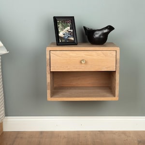 Floating Nightstand with Drawer and Open Shelf in Solid Oak – Wall Mounted Nightstand
