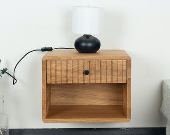 Floating Nightstand with Fluted Drawer and Open Shelf in Solid Oak – Natural Nightstand