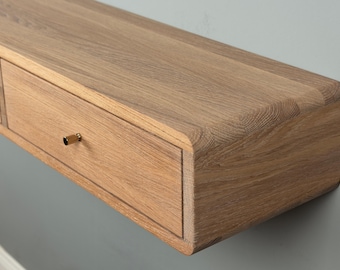 Floating Console Table with Two Drawers in Solid Oak – Wall Mounted Entryway Desk
