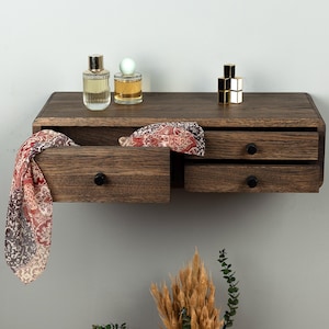 Tocador flotante de roble negro con 3 cajones / Escritorio de maquillaje de madera maciza montado en la pared