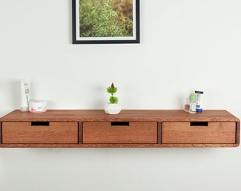Solid Oak Floating Vanity Table with Three Drawers, Wall Mounted Makeup Organizer