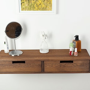 Floating Makeup Table with two Drawers, Oak Makeup Organizer for Vanity, Oak Vanity Table,Dressing Table,Floating Oak Desk,