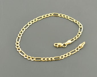 10K YELLOW GOLD BRACELET | 3.5MM Wide | Fancy Figaro Link 8.5 inch | Lobster Claw Clasp | Free Shipping 1-Day | Gift Box Included