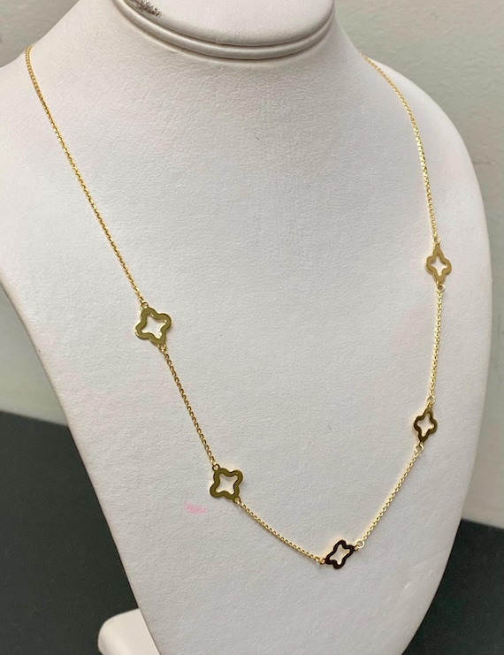 10K Flat Cable Link W/5 Clover Flower Stations Necklace