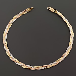 10K TRI-COLOR GOLD | 7.25 inches | 3.3mm Wide 3 Strand Braided Herringbone Bracelet | Lobster Clasp | Free Domestic Shipping  | Gift Box