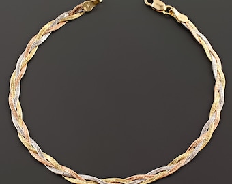 10K TRI-COLOR GOLD | 7.25 inches | 3.3mm Wide 3 Strand Braided Herringbone Bracelet | Lobster Clasp | Free Domestic Shipping  | Gift Box