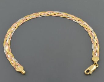 10K TRI-COLOR GOLD | 7.5 inches | 5.7mm Wide 5 Strand Braided Herringbone Bracelet | Lobster Clasp | Free Domestic Shipping  | Gift Box