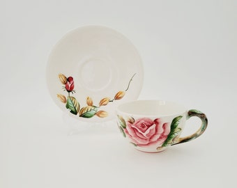 Ensemble tasse et soucoupe Lefton Americana Rose, tasse à thé vintage des années 1950, grande rose rouge en relief, feuilles vertes et brunes, fabriqué au Japon, cadeau pour le thé