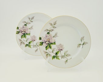 Peony Dinner Plates (2) by Se Yei, c.1958 Japan, Lavender Pink & Green Floral Peony Design, Gold Trim, Vintage Floral Replacement China