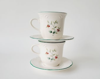 Pfaltzgraff Winterberry Cup & Saucer Sets (2), Green Holly with Red Berries Stoneware Coffee or Tea Cups, Festive Christmas Winter Tableware