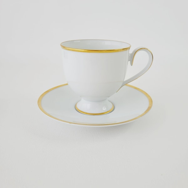 Noritake Ireland "Carrie" Footed Teacup & Saucer, White w/Gold Rim, Elegant and Sophisticated Vintage White and Gold Tableware, Ireland Made