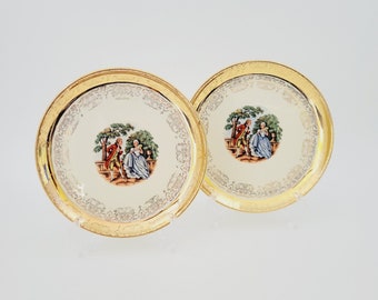 Sabin Crest O Gold George & Martha BREAD Teller (2), Coupé-Form mit goldenem filigranem Rand, koloniales Brautpaar, elegantes Rokoko-Dekor