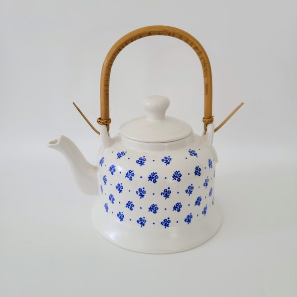 Vintage Blue & White Floral Ceramic Teapot, Bamboo Handled Teapot, Colonial Homestead Style, Cottagecore Tea Decor, Garden Tea Party Decor