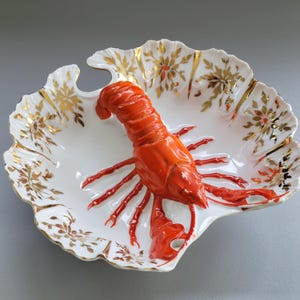 Antique Victorian Lobster Bowl, Victoria Carlsbad c.1891-1918 Austria, Unique Nautical Red & Gold Floral Divided Serving Dish, Collectable