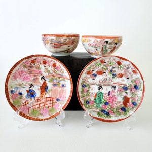 Japanese Kutani Geisha Girls Mismatched Teacup & Saucer Sets (2), Vintage Red Trim Hand Painted Porcelain Japanese Floral Landscape Decor