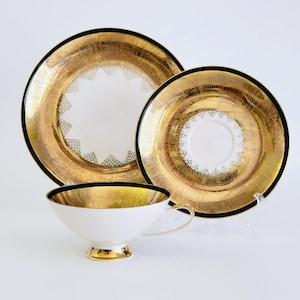 Vintage German Heavy Gold Teacup, Saucer & Plate, Art Deco Gold Cream and Black Drinkware, Reme Qualitative Porzellan Western Germany