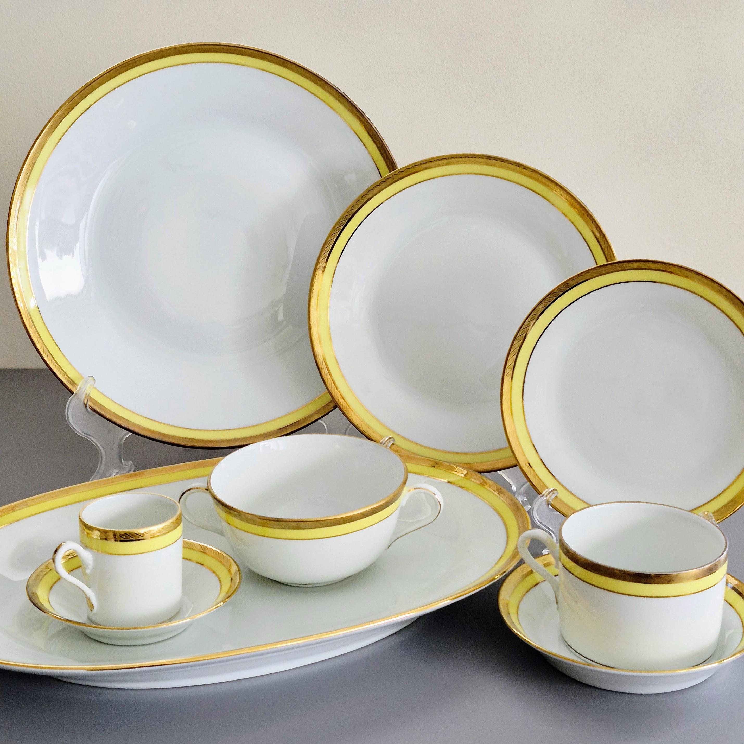 Richard Ginori Palermo Yellow Dishes, Gold Encrusted & Etched Trim