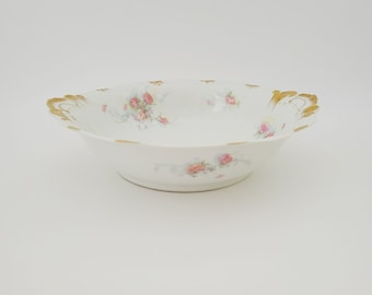 J. P. France Bol de service floral rose, base blanche, roses roses, bordure dorée et en relief, bol ancien vers 1890-1902, cadeau vintage pour la maison