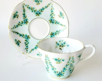 Vintage Royal Albert SHOT SILK Teacup & Saucer, Blue Green Floral Swag, Embossed and Gold Trim, Bone China Made in England, Elegant Tea Gift