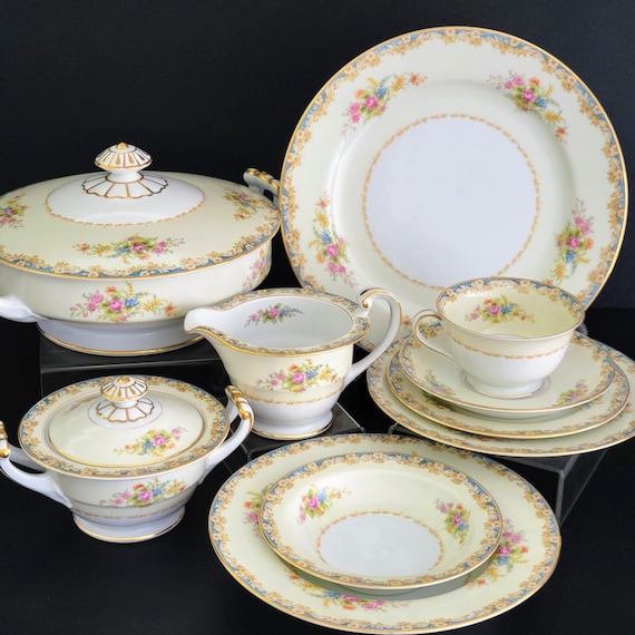 Vintage 1940s Noritake Floral Dinnerware, Cream and Blue, Floral