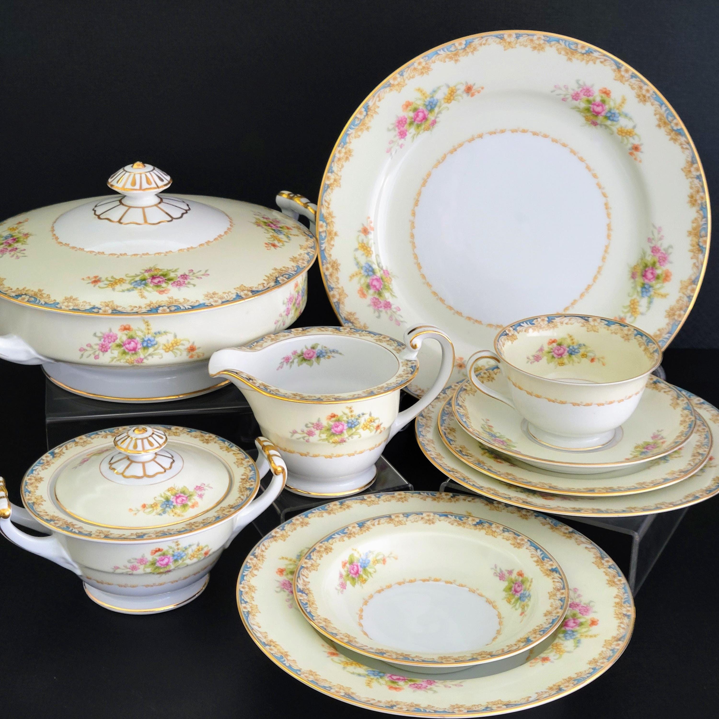 Vintage 1940s Noritake Floral Dinnerware, Cream and Blue, Floral