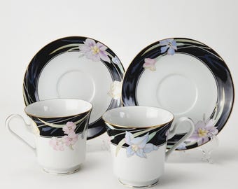Vintage Mikasa Charisma Black Footed Teacup & Saucer 2 Sets, Floral Design 1980s Retro Black Blue Purple Drinkware, Discontinued Replacement