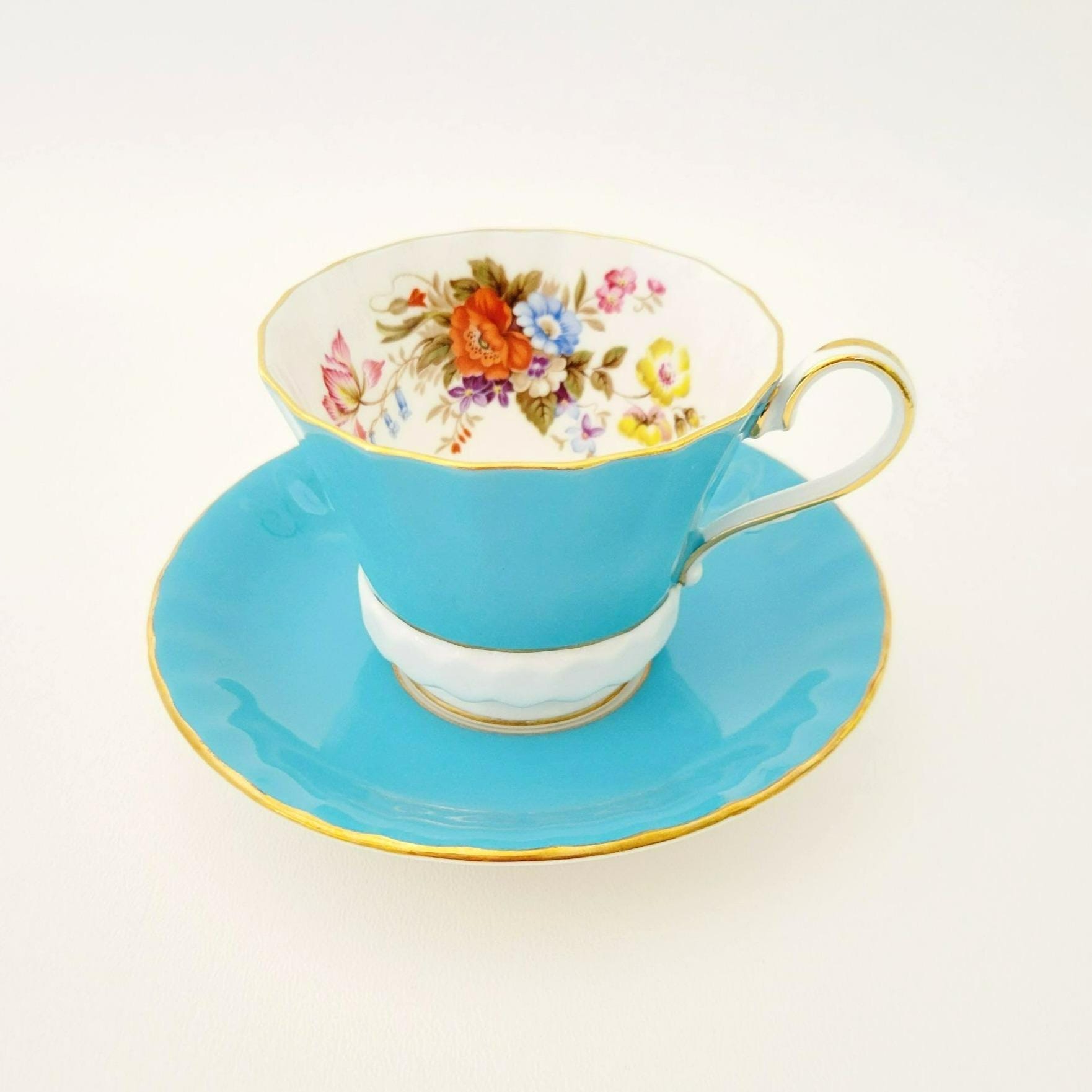 Vintage Aynsley Robin Blue Teacup & Saucer, Wild Flower Bouquet