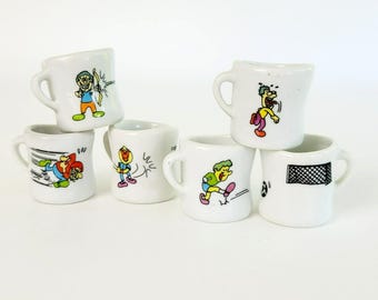 Vintage Sport Miniature Mugs Set of 6, Colorful Cartoon Illustrations, c1990s Gumball Machine Token Toy, Sports Theme Party Decor