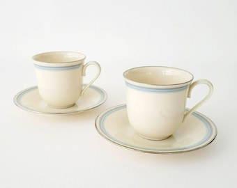 Vintage Lenox Bradford Teacup & Saucer Set of 2, Cream with Blue Border and Platinum Trim, 1980s Dishes, Discontinued Replacement China