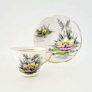 Rosina Water Lily Teacup & Saucer July Flower of the Month, Vintage Bone China Made in England, Pink, Yellow, Black Floral Art Deco Cup