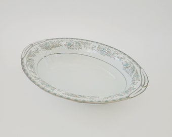 Noritake Belmont 25 cm ovale groente serveerschaal, blauwe en grijze scroll en bloemen, zilveren rand, c1955-66 Japan, vervangend porselein serviesgoed