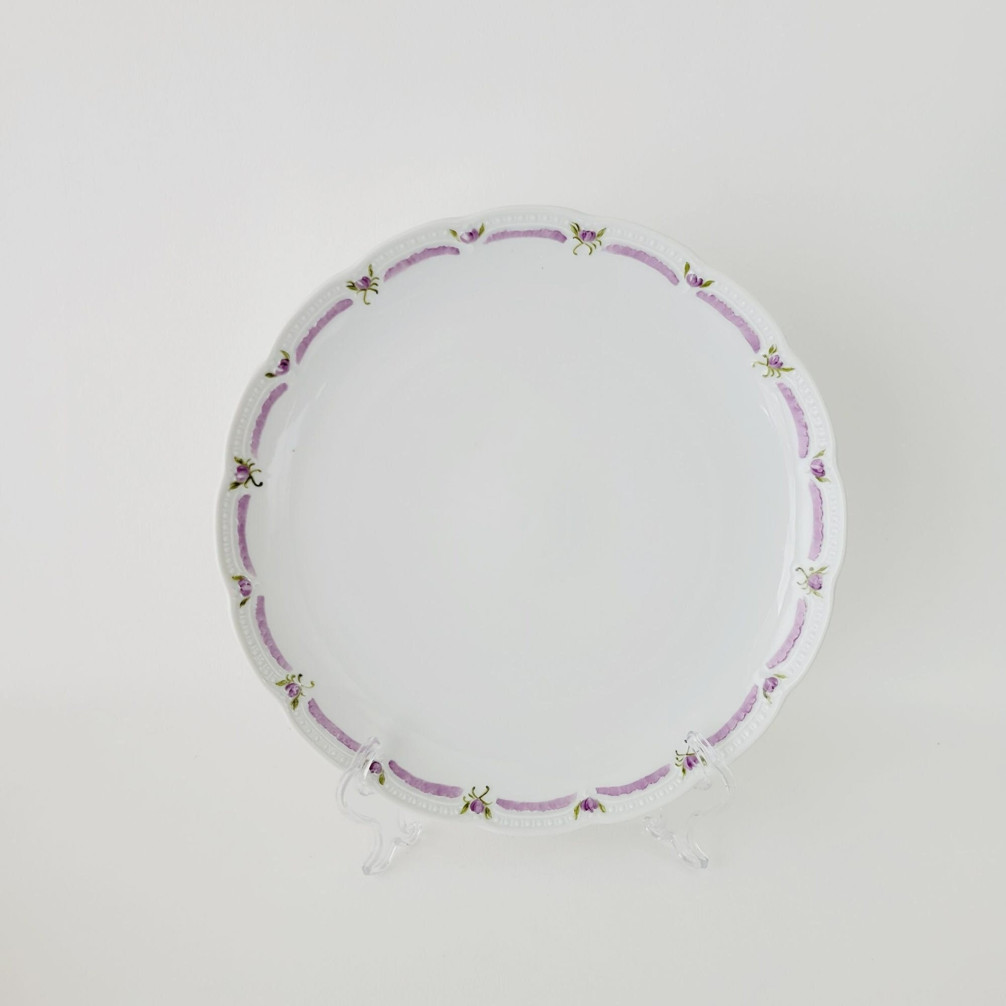 Hutschenreuther Viktoria 13" Round Platter, Rare, White, Hand Painted Purple & Green Floral, Embossed Edging, German Artist Signed 1991-92