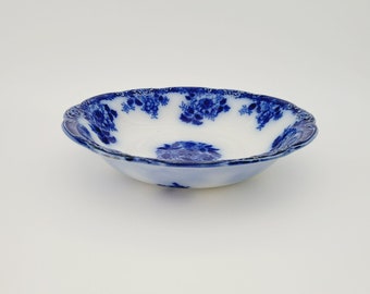 New Wharf Pottery Flow Blue Waldorf Shallow Serving Bowl, Floral Embossed Edge, Antique c.1878-94, Ironstone Made in England, Home Gift