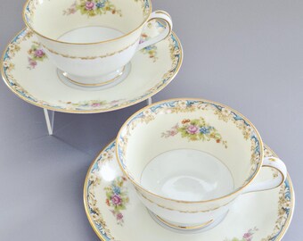 Vintage 1940s Noritake Floral Dinnerware, Cream and Blue, Floral