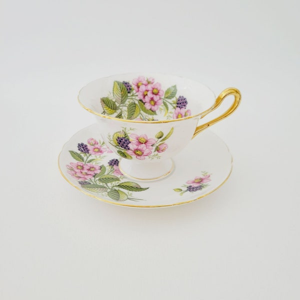 Shelley Bramble Berry Teacup & Saucer, Pink Floral Purple Berries and Greenery, Bone China Made in England c.1925-40, Vintage Tea Gift