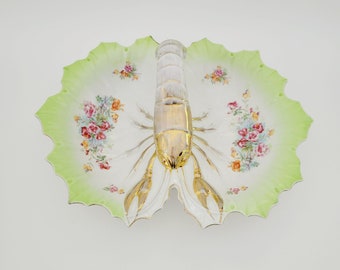 Vintage Lobster Divided Serving Dish, Lime Green, Gold & Red Floral, German Made, Porcelain Victorian Style Lobster Bowl, Unique Home Gift