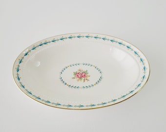 Mount Vernon 9" Oval Serving Bowl by Harmony House, USA Made, Vintage Blue with Pink & Yellow Floral and Embossed Edging Vegetable Bowl