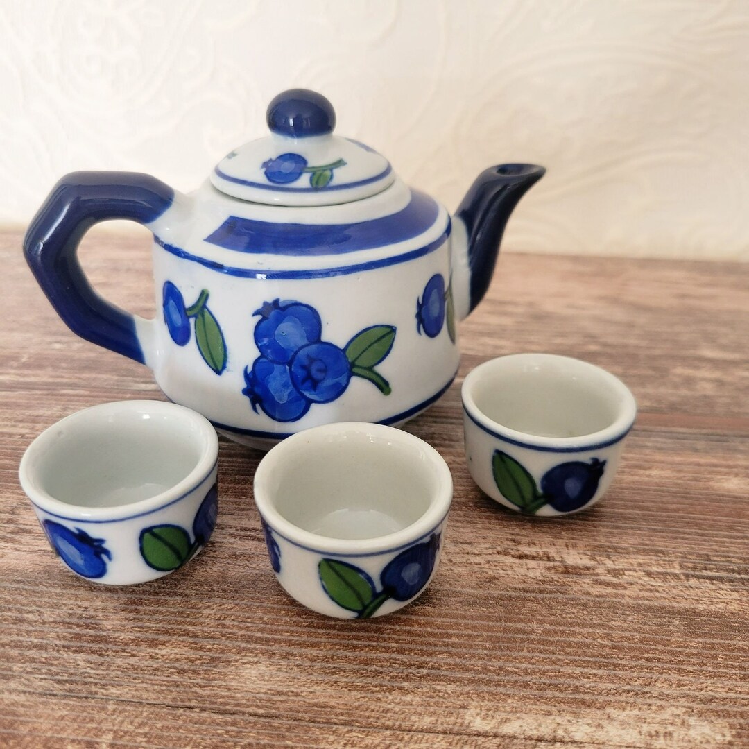 April Cornell Doll House Tea Set Miniature Tea Set Blue Berries Pattern