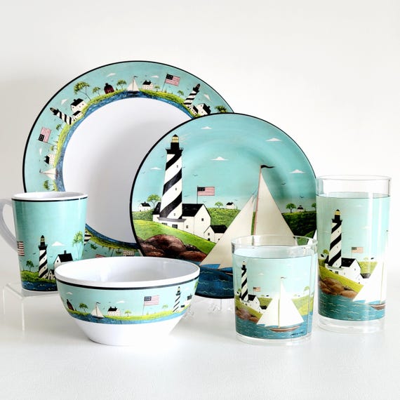 Vintage Coastal Breeze Plastic Melamine Dishes, Warren Kimble