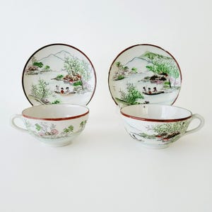 Japanese Kutani Landscape Teacup & Saucers, Vintage Nippon Red Trim Hand Painted Porcelain Japanese Mountain and Lake, Asian Teacup Decor