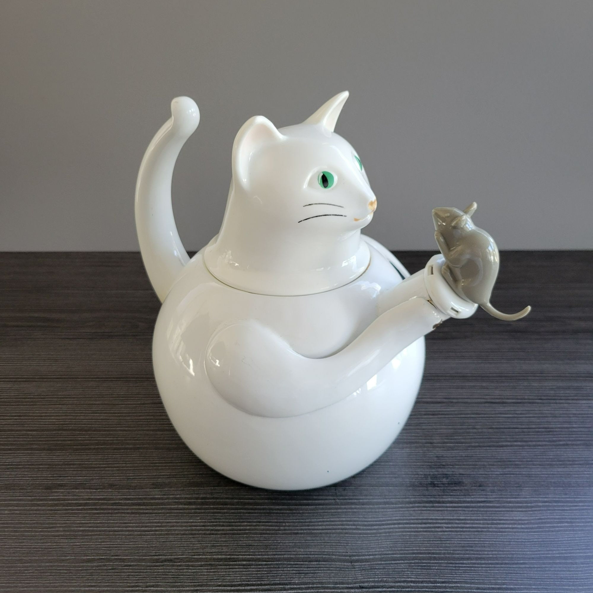 Copco Whimsical Cat and Mouse Kettle, Whistling Enamel Tea Pot
