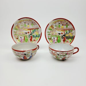Japanese Kutani Geisha Girls Teacup & Saucers (2), Vintage Bright Red Trim Hand Painted Porcelain Japanese Village Garden, Asian Home Decor