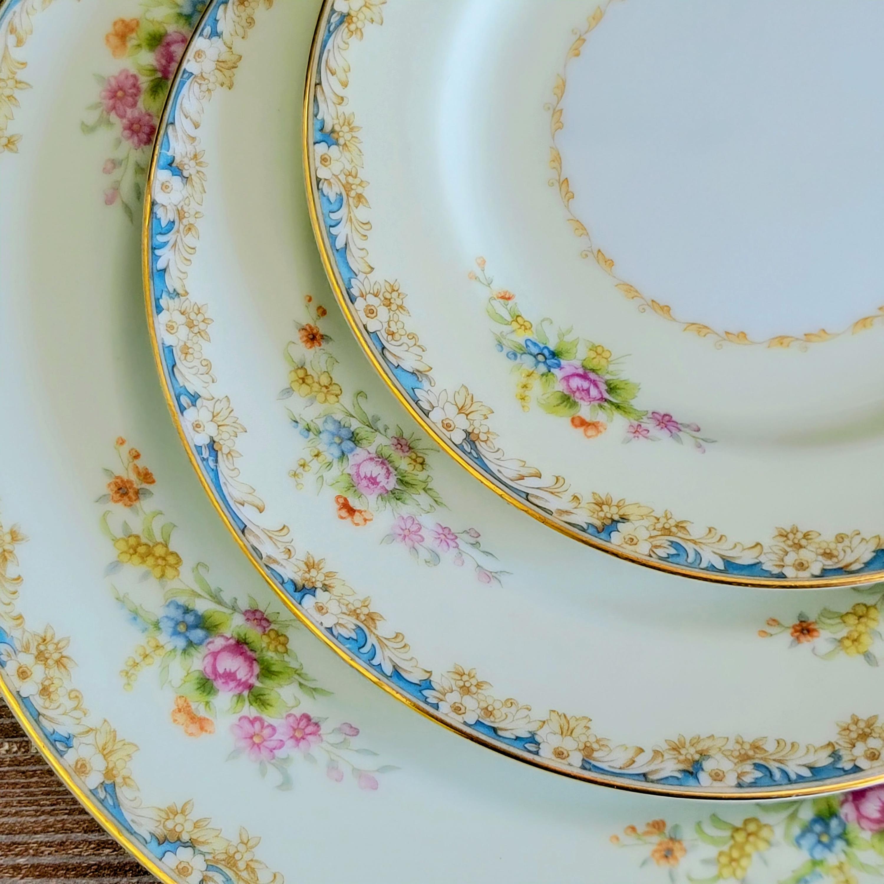 Vintage 1940s Noritake Floral Dinnerware, Cream and Blue, Floral