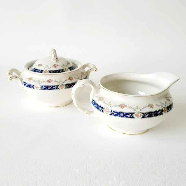 Rare Vintage Johnson Bro Lidded Sugar Bowl & Creamer, Blue Accent with Pretty Pink Floral, CRAZING, Made in England, Tea Party Decor,