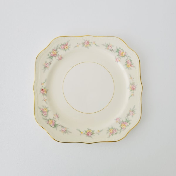 1950s Square Salad Plate by Homer Laughlin Eggshell Georgian, Cream with Pink & Yellow Rose Floral Design and Gold Edging, Vintage USA Plate