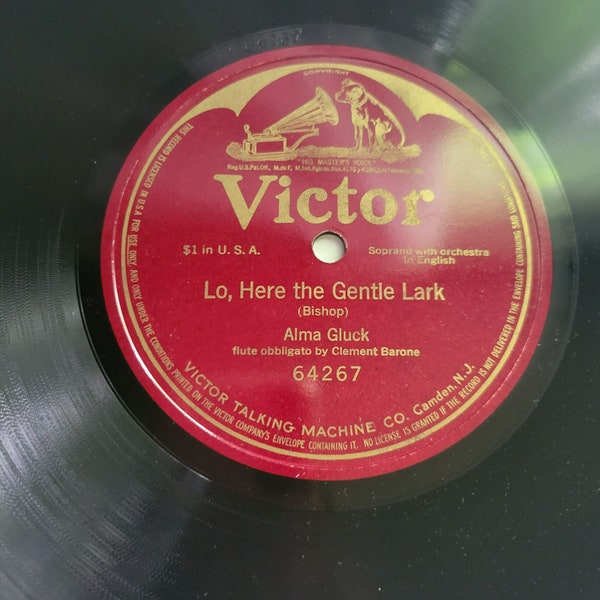 Vintage Rare 10" Victor Record | Lo, Here the Gentle Lark | Alma Gluck # 64267  | Single Sided | Unique Craft Opportunity | Craft Supply