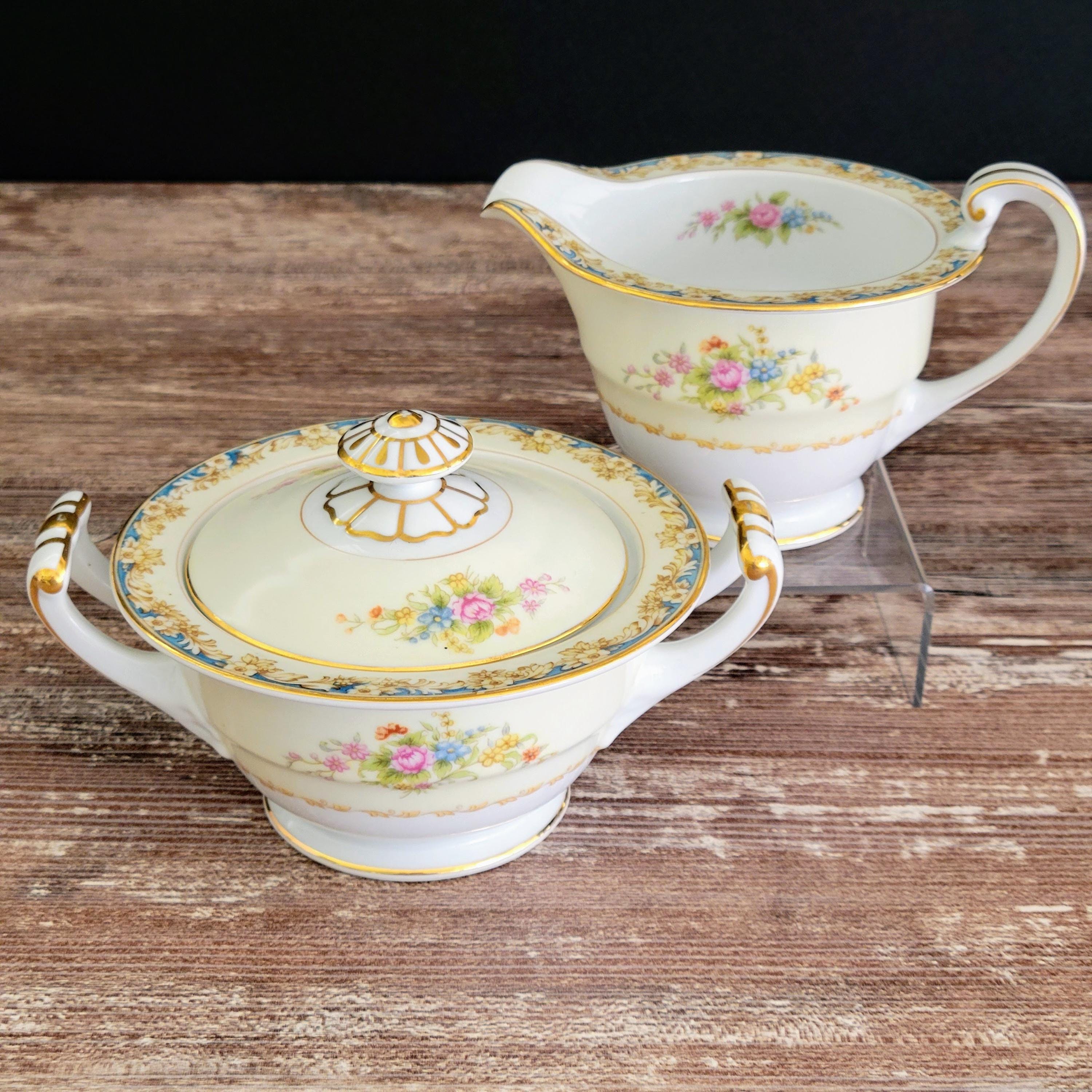 Vintage 1940s Noritake Floral Dinnerware, Cream and Blue, Floral
