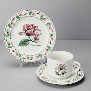 Vintage Botanical Gardens Magnolia Flower Cup, Saucer & Salad Plate Set of 3 from Tabletops Unlimited, c1990s Discontinued Replacement China