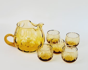 Vintage Art Deco Amber Glass Pitcher & Juice Glasses Set, Optic Dot, Twisted Handle